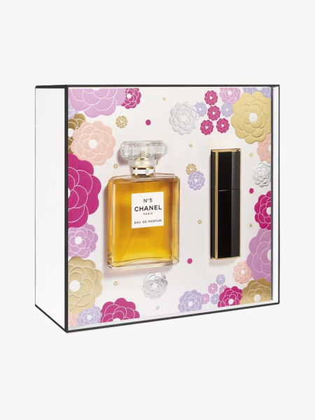 Chanel No. 5 Eau de Parfum Twist and Spray Set in branded set component on a light gray background