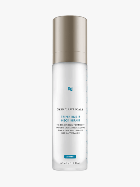 SkinCeuticals TriPeptide-R Neck Repair in frosted bottle with silver cap on light gray background