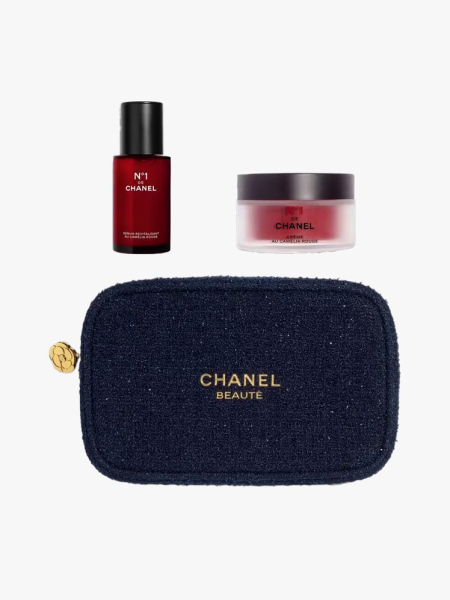 Chanel Power Pair Skincare Set in branded components on a light gray background