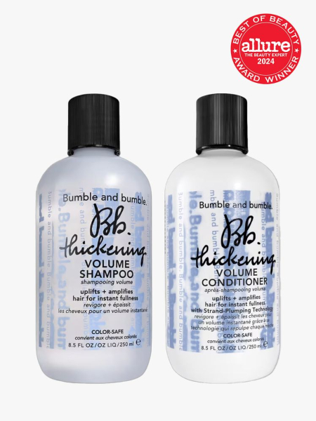 Bumble and Bumble Bond-Building Repair Shampoo and Conditioner in branded components with best of beauty 2024 seal in the top right corner on a light gray background