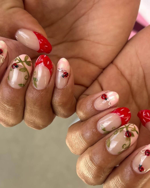 ladybug nails on polkadot french manicure courtesy of  anlspa.