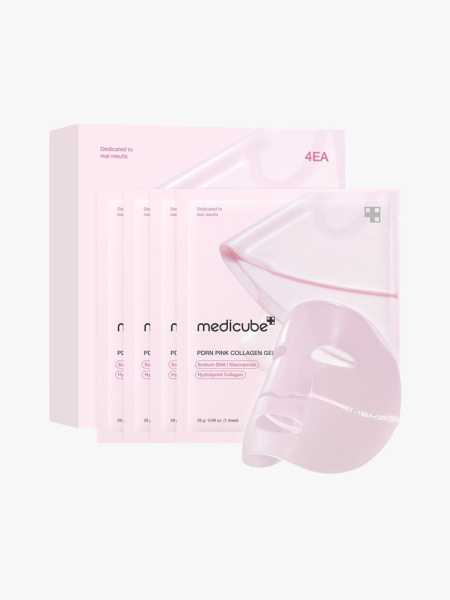 Medicube PDRN Pink Collagen Gel Mask in branded components on a light gray background