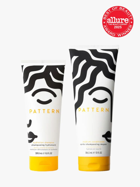 Pattern Hydration Shampoo and Medium Conditioner for Curlies in branded components with the best of beauty 2025 seal in the top right corner on a light gray background